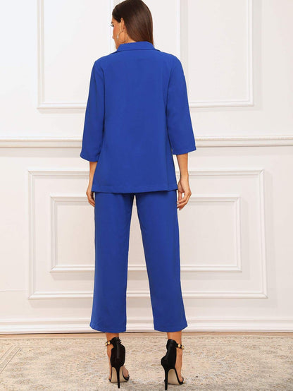 Blue Three Quarter Sleeve Solid Notched Neck Blazer & Belted Pants