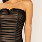 Black Sleeveless Strapless Wired V-Neck Ruched Mesh Mini Dress