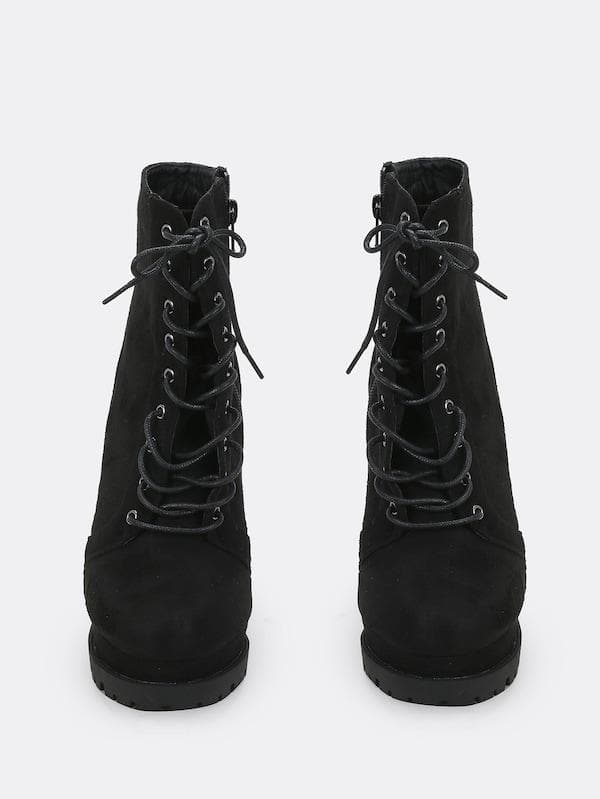 Almond Toe Lace Front Platform Lug Sole Patent Heeled Boots