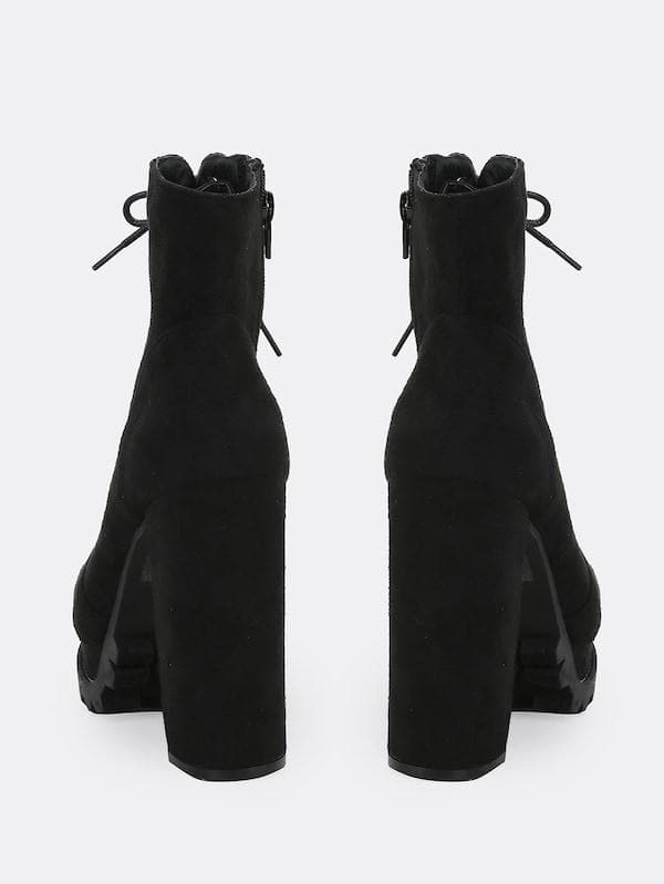 Almond Toe Lace Front Platform Lug Sole Patent Heeled Boots