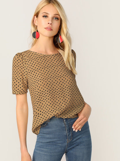 Round Neck Bow Back Heart Print Top