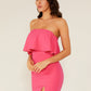Hot Pink Strapless Sleeveless Double Crazy Solid Split Hem Ruffle Trim Tube Dress