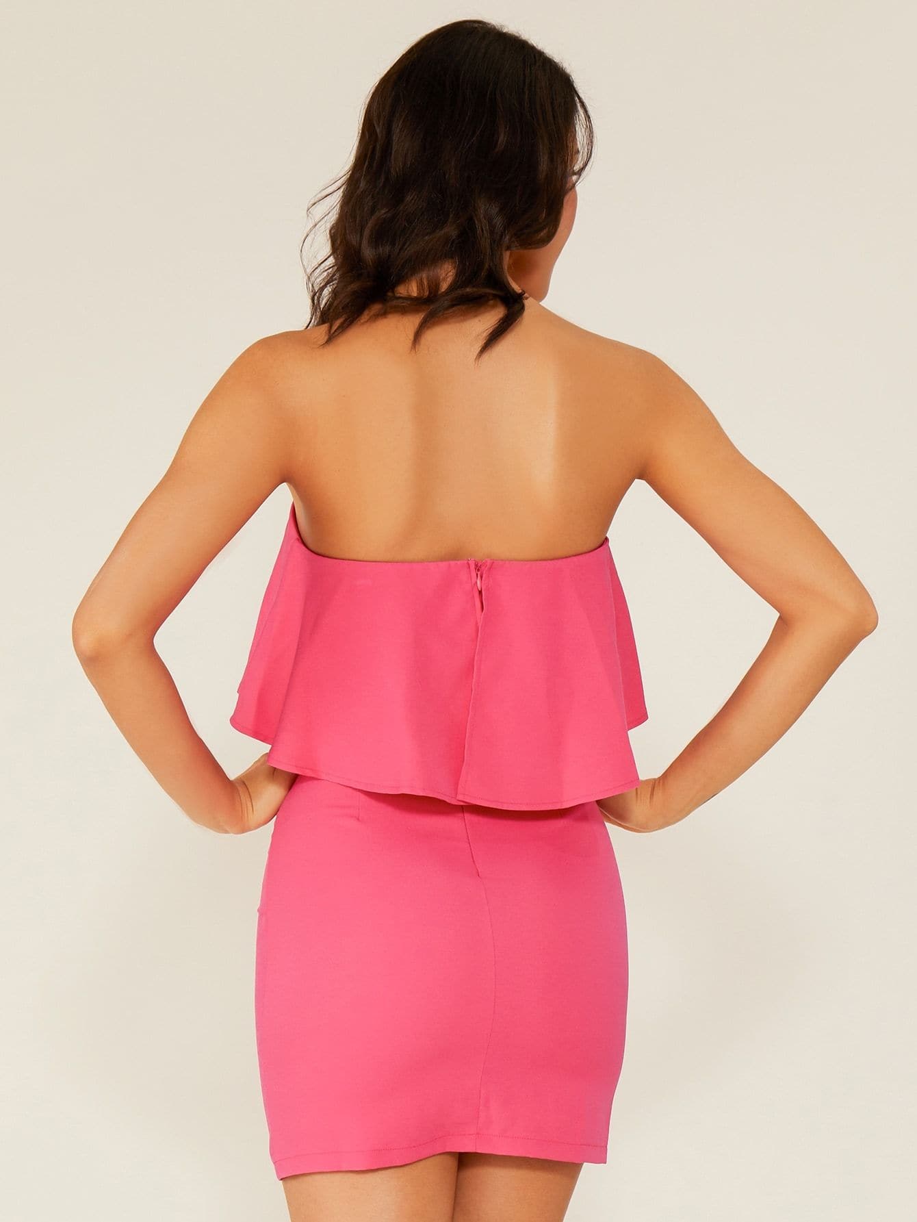 Hot Pink Strapless Sleeveless Double Crazy Solid Split Hem Ruffle Trim Tube Dress