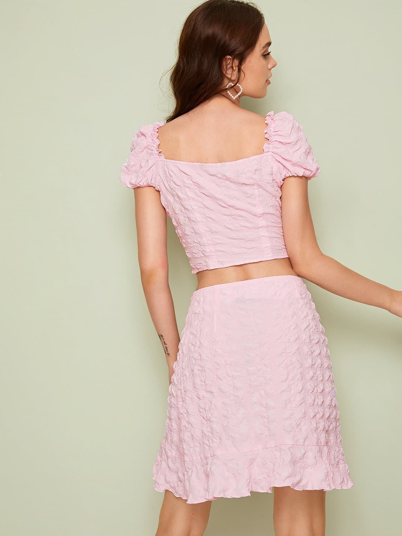 Pastel Pink Tie Neck Puff Sleeve Top and Wrap Skirt Set