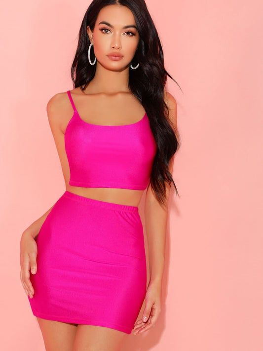 Hot Neon Pink Sleeveless Spaghetti Strap Cami Crop Top & Skirt Set