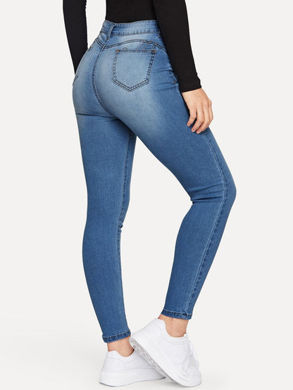Blue Bleach Wash Pocket Detail Skinny Tapered Jeans