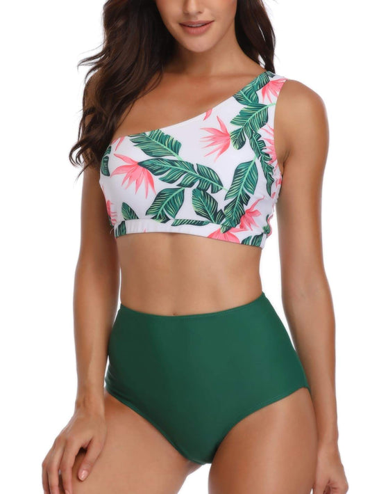 Tropical One Shoulder Top With High Waist Bikini Set