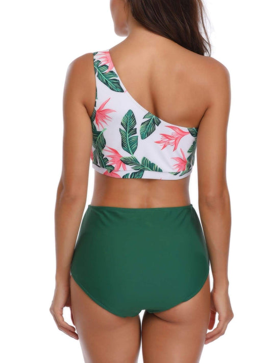 Tropical One Shoulder Top With High Waist Bikini Set