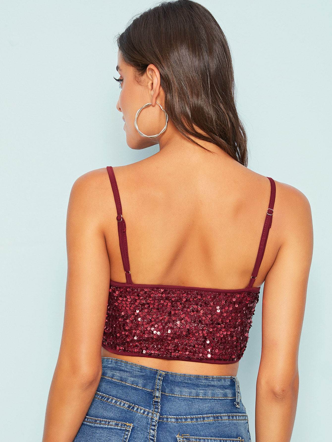 Burgundy Spaghetti Strap Slim Fit Sequin Crop Cami Top Wear.Style