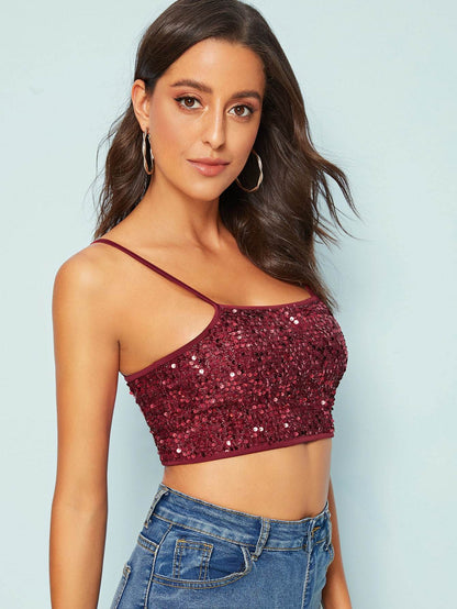 Spaghetti Strap Sequin Crop Cami Top