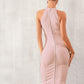 Pastel Pink Sleeveless Stand Collar Solid Zip Back Bandage Dress
