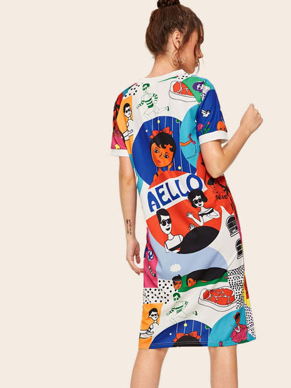 Round Neck Cartoon & Letter Print Tee Dress