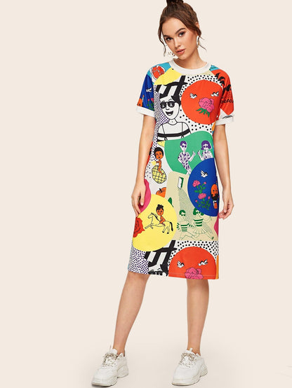 Round Neck Cartoon & Letter Print Tee Dress