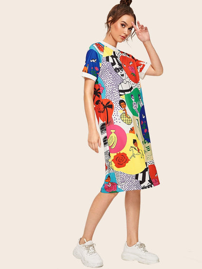 Round Neck Cartoon & Letter Print Tee Dress