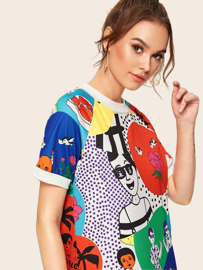 Round Neck Cartoon & Letter Print Tee Dress