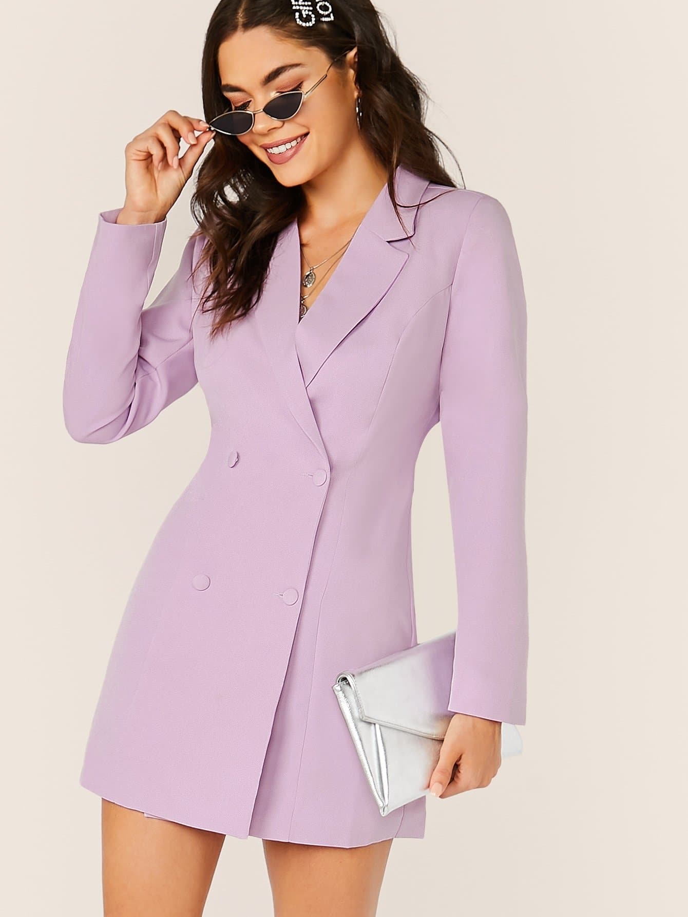 Purple V-Neck Double Breasted Mini Blazer Dress