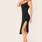 Sleeveless One Shoulder Split Thigh Form Fitted Dress - Black