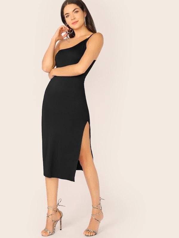Sleeveless One Shoulder Split Thigh Form Fitted Dress - Black