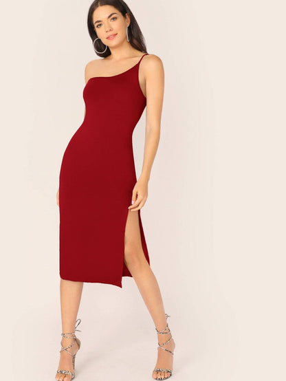 Sleeveless One Shoulder Split Thigh Form Fitted Dress - Burgundy