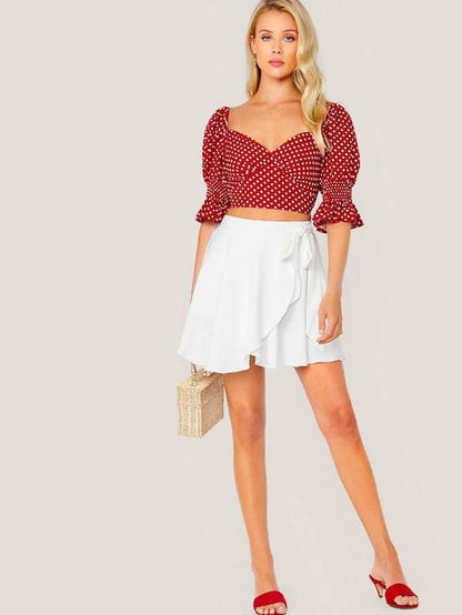 High Waist Solid Wrap Tie Side Skater Skirt