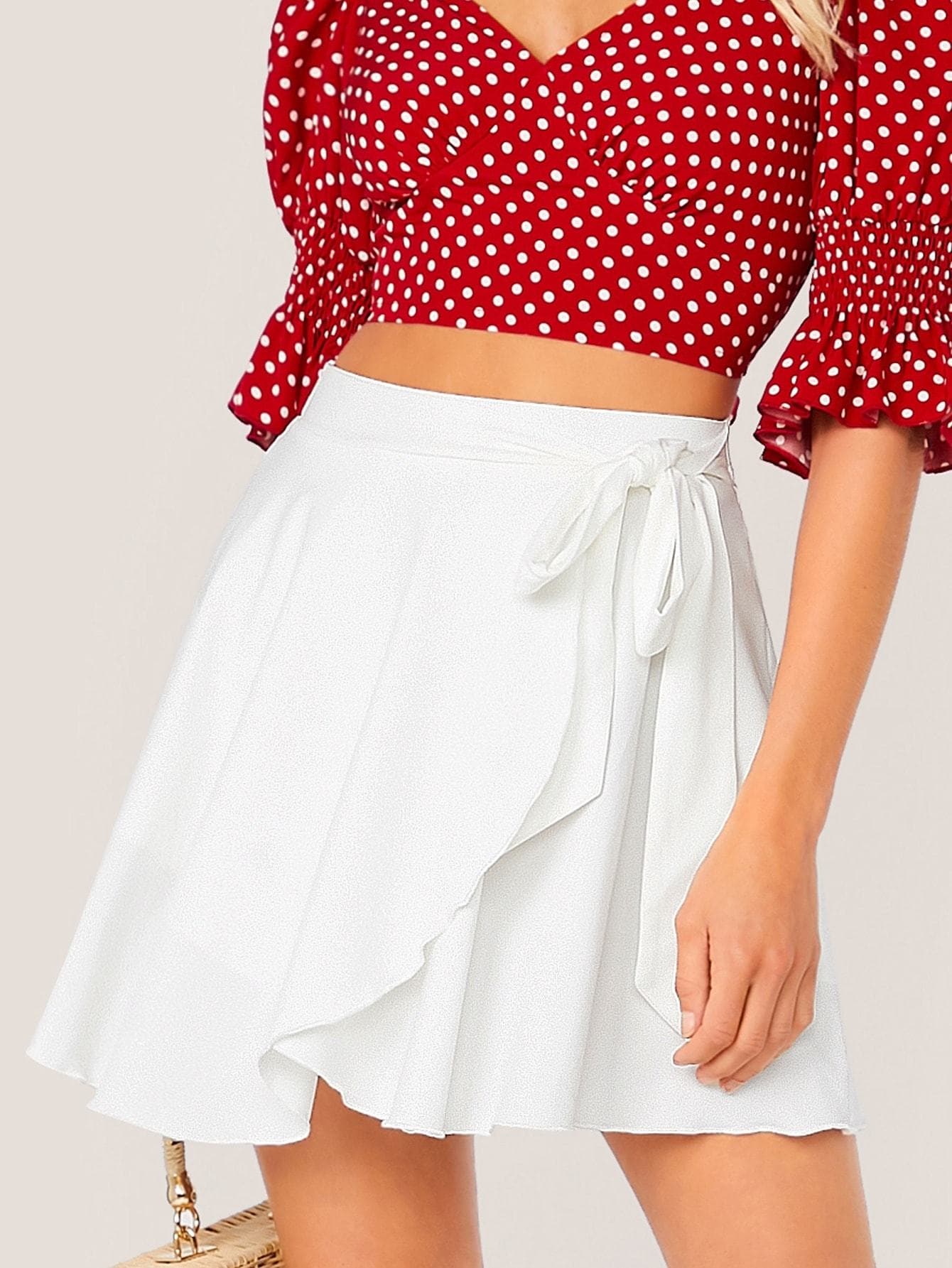 High Waist Solid Wrap Tie Side Skater Skirt