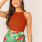 Slim Fit Rib-Knit Solid Fitted Halter Top - Orange