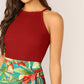 Slim Fit Rib-Knit Solid Fitted Halter Top - Burgundy