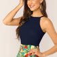 Slim Fit Rib-Knit Solid Fitted Halter Top - Navy Blue