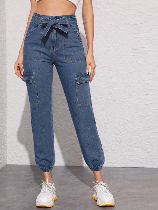 Blue Flap Pocket Belted Crop Tapered Jeans