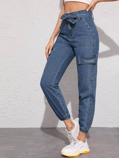 Blue Flap Pocket Belted Crop Tapered Jeans