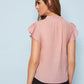 Pink Stand Collar Solid Covered Button Butterfly Sleeve Blouse Top