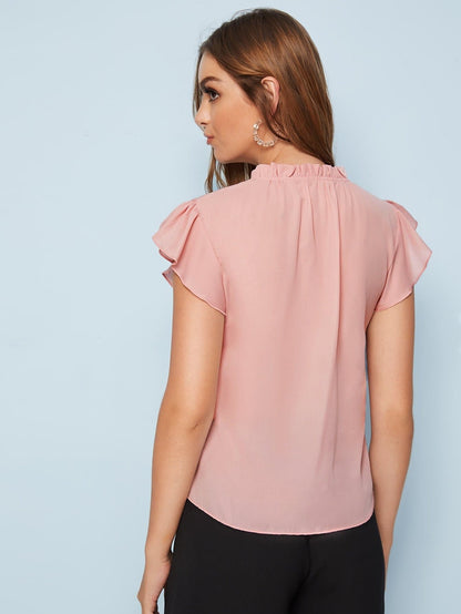 Pink Stand Collar Solid Covered Button Butterfly Sleeve Blouse Top