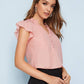 Pink Stand Collar Solid Covered Button Butterfly Sleeve Blouse Top