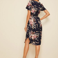 High Waist Notch Neck Curved Hem Belted Floral Dress