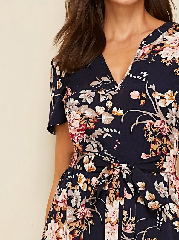 High Waist Notch Neck Curved Hem Belted Floral Dress