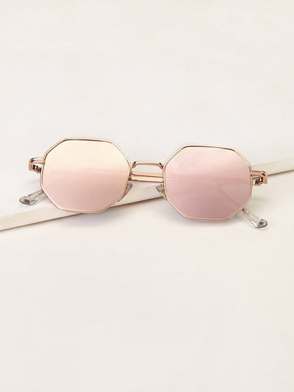 Pink Metal Polygon Frame Mirror Lens Sunglasses