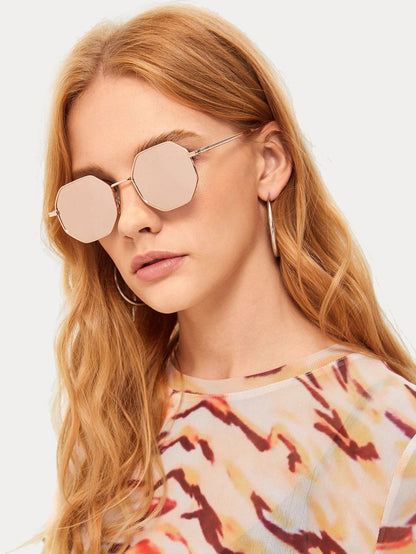 Pink Metal Polygon Frame Mirror Lens Sunglasses