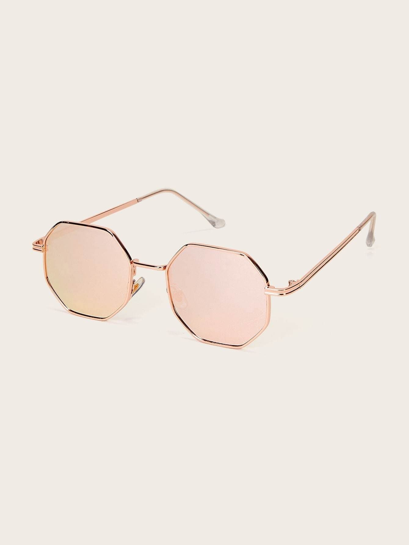Pink Metal Polygon Frame Mirror Lens Sunglasses
