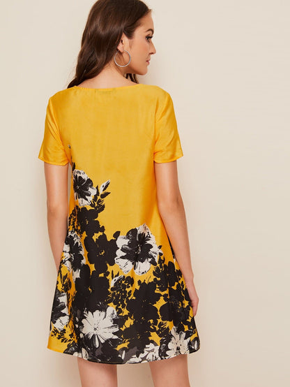 Yellow Round Neck Floral Print Tunic Dress