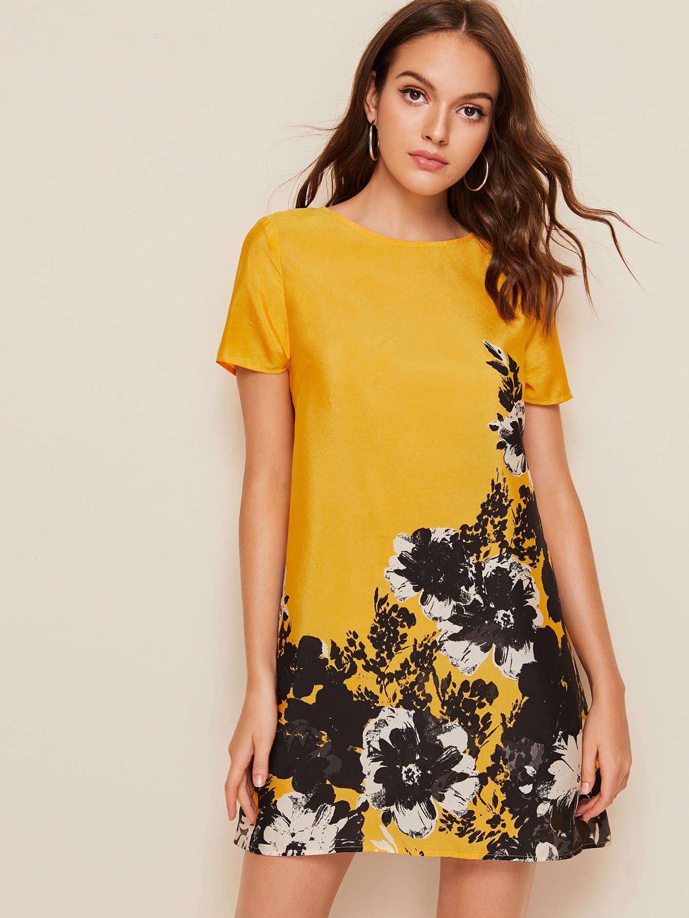 Yellow Round Neck Floral Print Tunic Dress