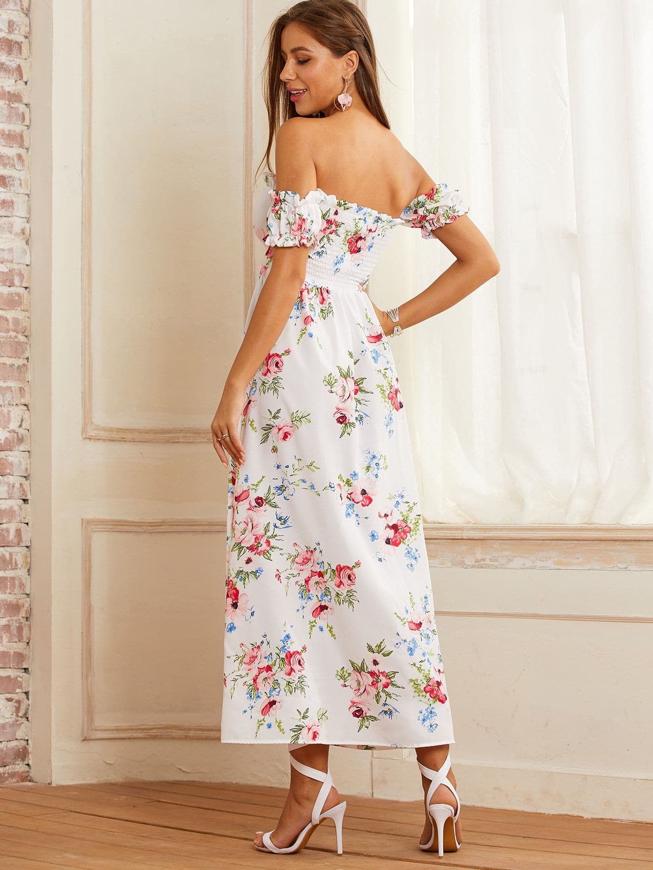 White Off Shoulder Floral Frill Trim Split Thigh Dress