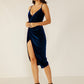 Navy Blue V-Neck Sleeveless Spaghetti Strap Double Crazy Split Thigh Wrap Velvet Slip Dress