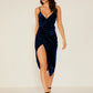 Navy Blue V-Neck Sleeveless Spaghetti Strap Double Crazy Split Thigh Wrap Velvet Slip Dress