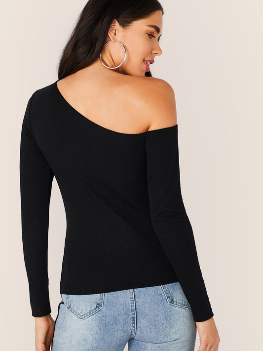 Black Slim Fit Solid Asymmetrical Neck Form Fitted Top