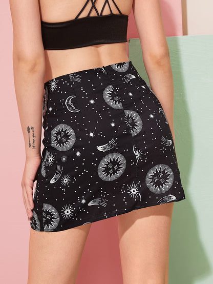 Black Mid Waist Moon & Sun Print Split Hem A-line Skirt