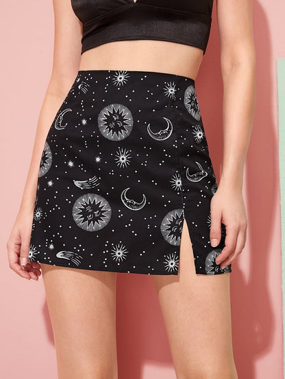 Black Mid Waist Moon & Sun Print Split Hem A-line Skirt