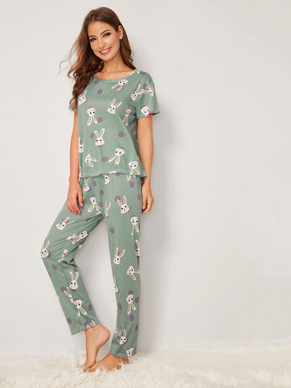 Green Round Neck Rabbit Print Polka Dot Pajama Set Sleepwear