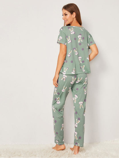 Green Round Neck Rabbit Print Polka Dot Pajama Set Sleepwear