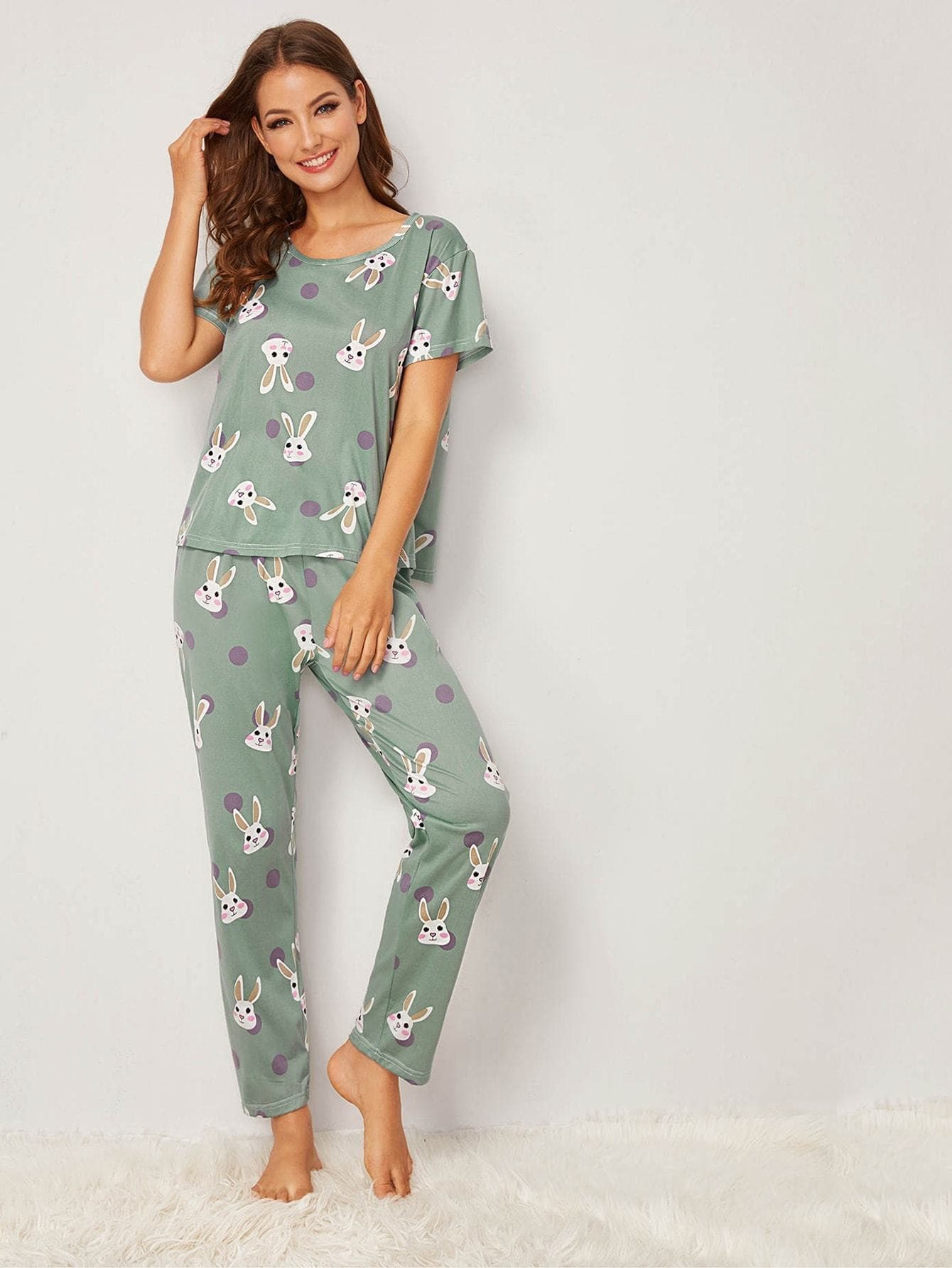 Green Round Neck Rabbit Print Polka Dot Pajama Set Sleepwear