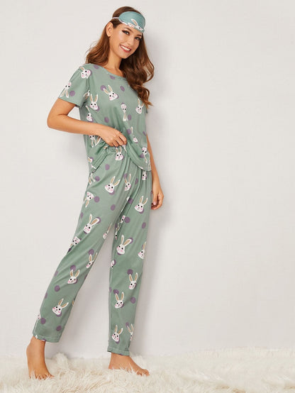 Green Round Neck Rabbit Print Polka Dot Pajama Set Sleepwear